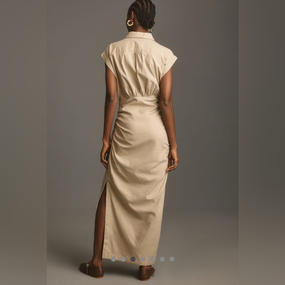 Anthropologie Tan Ruched Maxi Dress with Mandarin Collar size Mefium - Picture 2 of 12